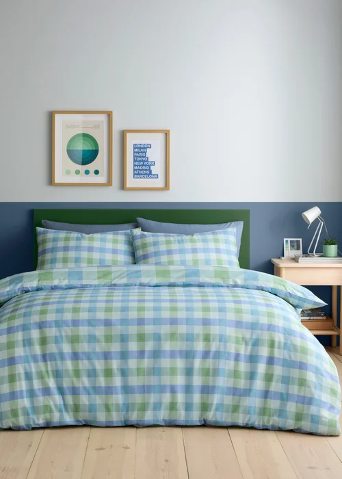 Fusion Block Check Reversible Blue Duvet Cover Set - Single Image 4