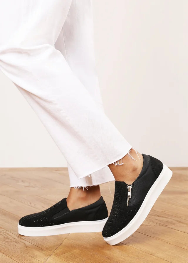Where's That From Florina Black Zip Trainer With Diamante Toe