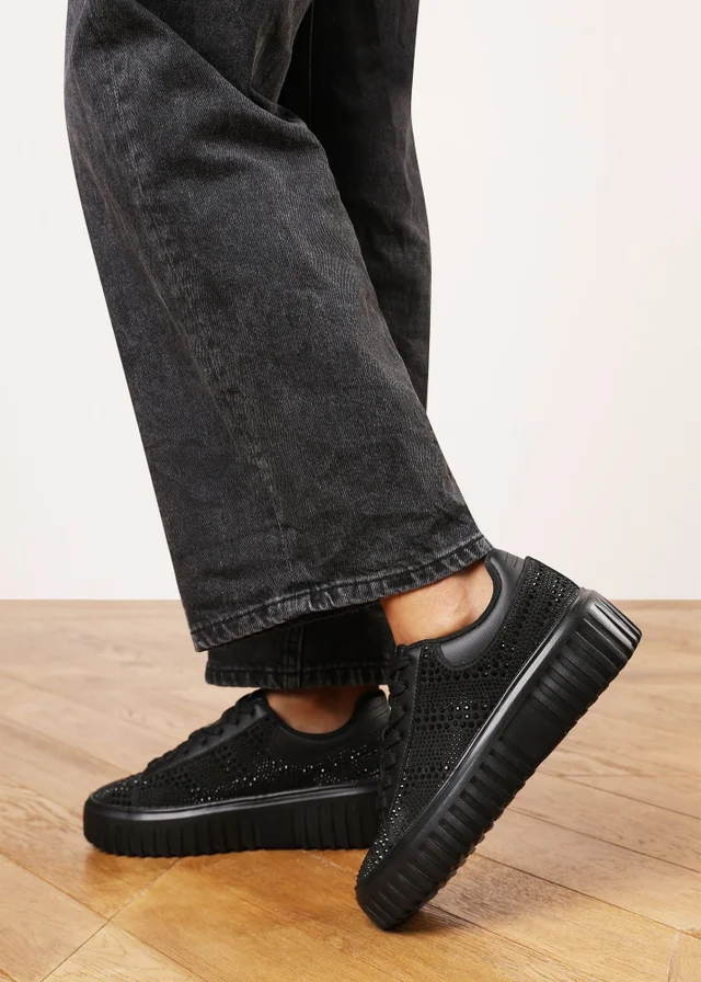 Where's That From Darcia Black Chunky Sole Trainer With Diamante Pattern
