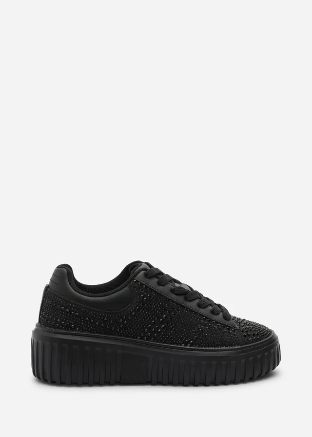Where's That From Darcia Black Chunky Sole Trainer With Diamante Pattern