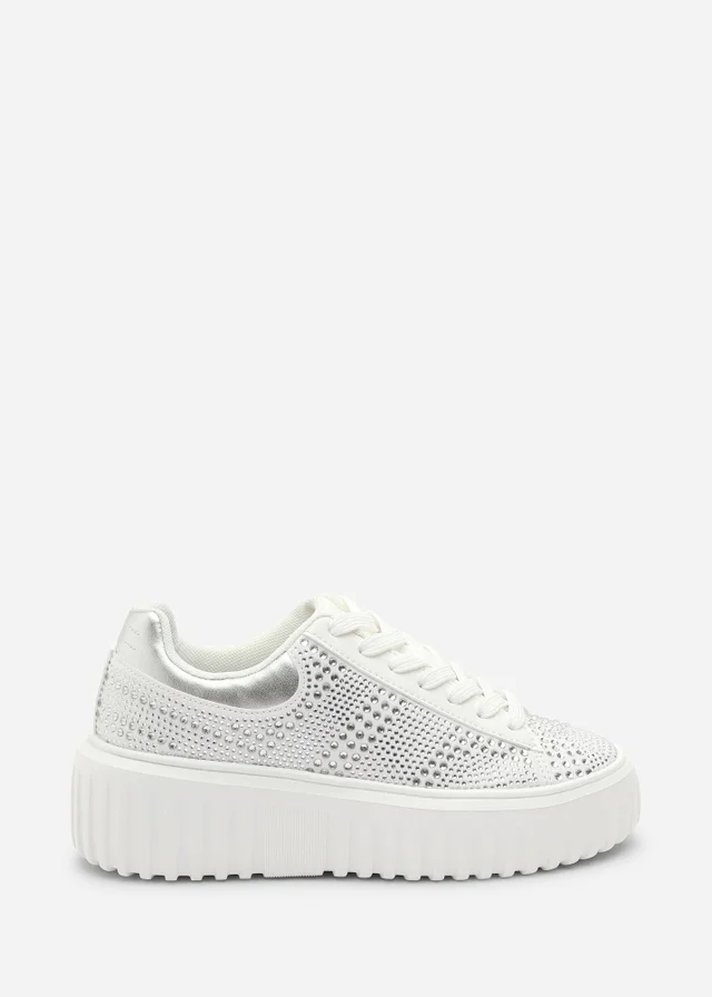 Where's That From Darcia White Chunky Sole Trainer With Diamante Pattern