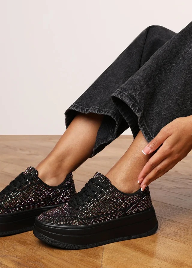 Where's That From Caia Black Lace-Up Trainer With Diamante Detail