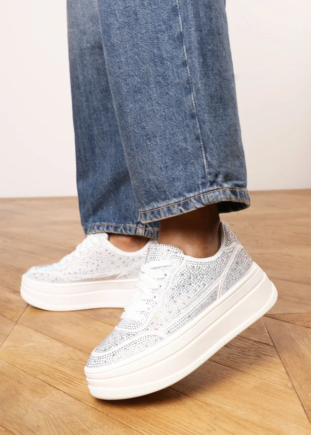 Where's That From Caia White Lace-Up Trainer With Diamante Detail