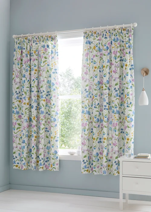 Dreams & Drapes Sweetpea Floral Easy Hang Lilac Pencil Pleat Curtains - 66W X 72D (168x183cm) Image 1