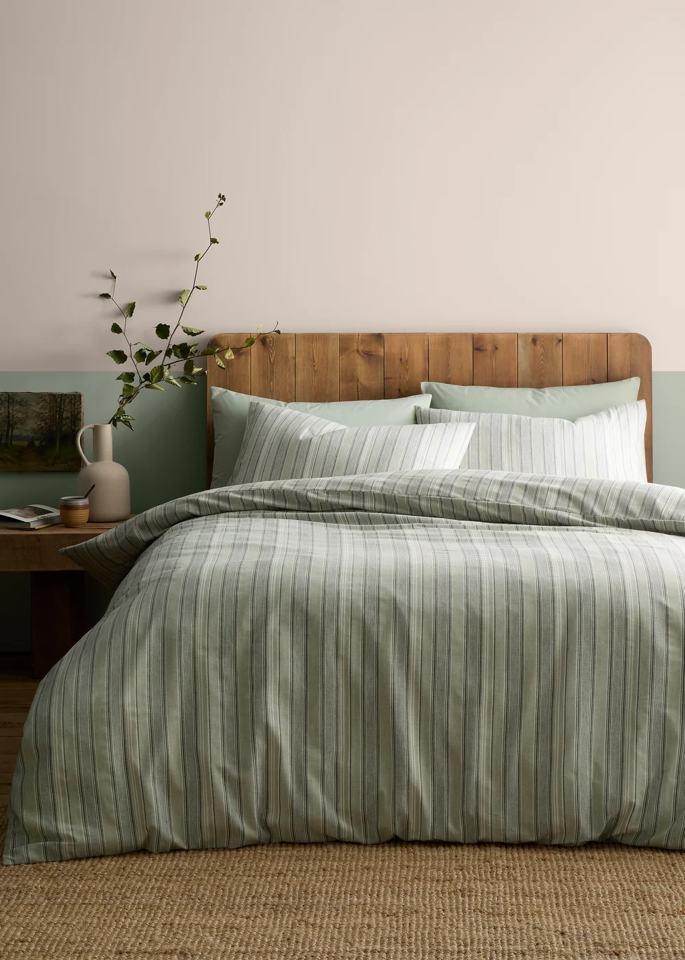 Appletree Yarn Dyed Woven Wide Stripe Reversible Green Duvet Cover Set - Single Image 1