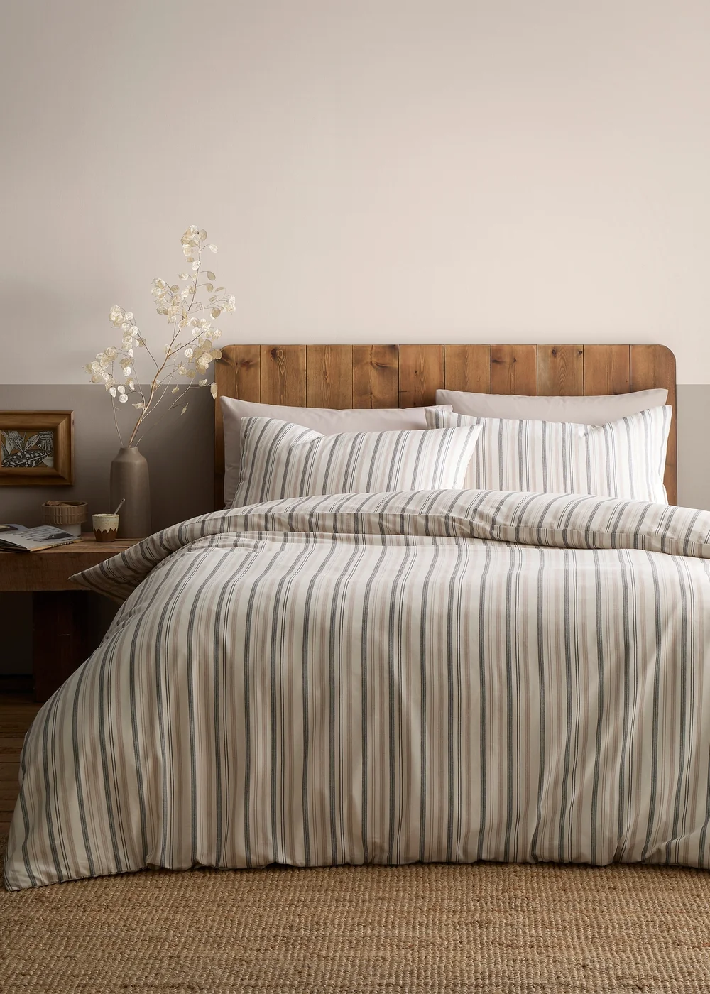 Appletree Yarn Dyed Woven Thin Stripe Reversible Natural Duvet Cover Set - Single Image 1