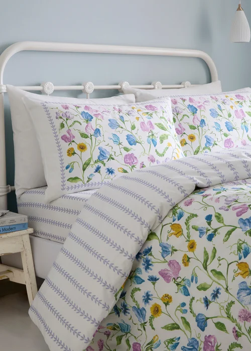 Dreams & Drapes Sweetpea Floral Reversible Lilac Duvet Cover Set - Single Image 2