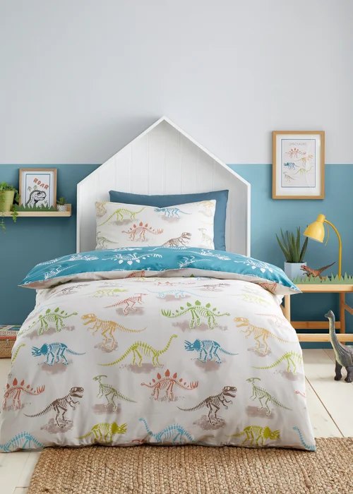 Bedlam Skeleton Dino Digitally Printed Natural Duvet Cover Set - Single Image 1