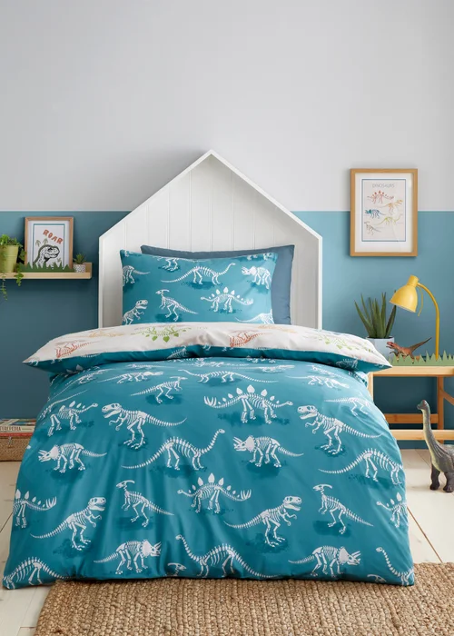 Bedlam Skeleton Dino Digitally Printed Natural Duvet Cover Set - Single Image 4