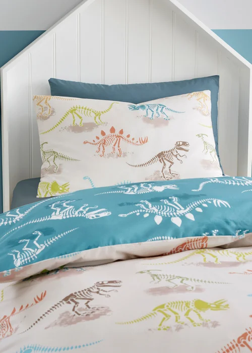 Bedlam Skeleton Dino Digitally Printed Natural Duvet Cover Set - Single Image 2