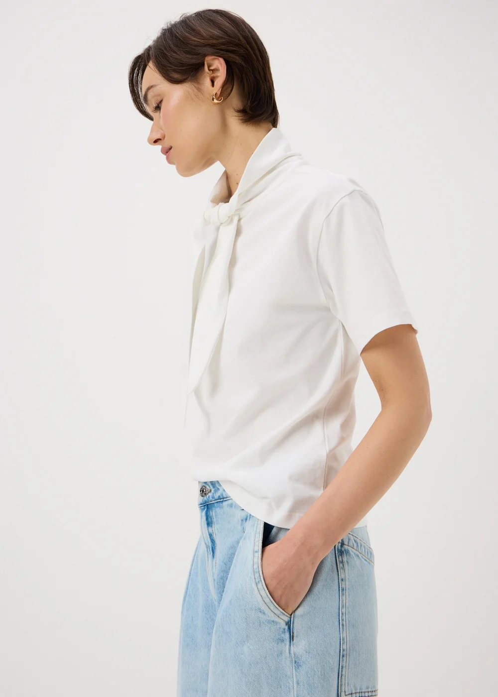 White Scarf Neck T-Shirt - 16 Image 2