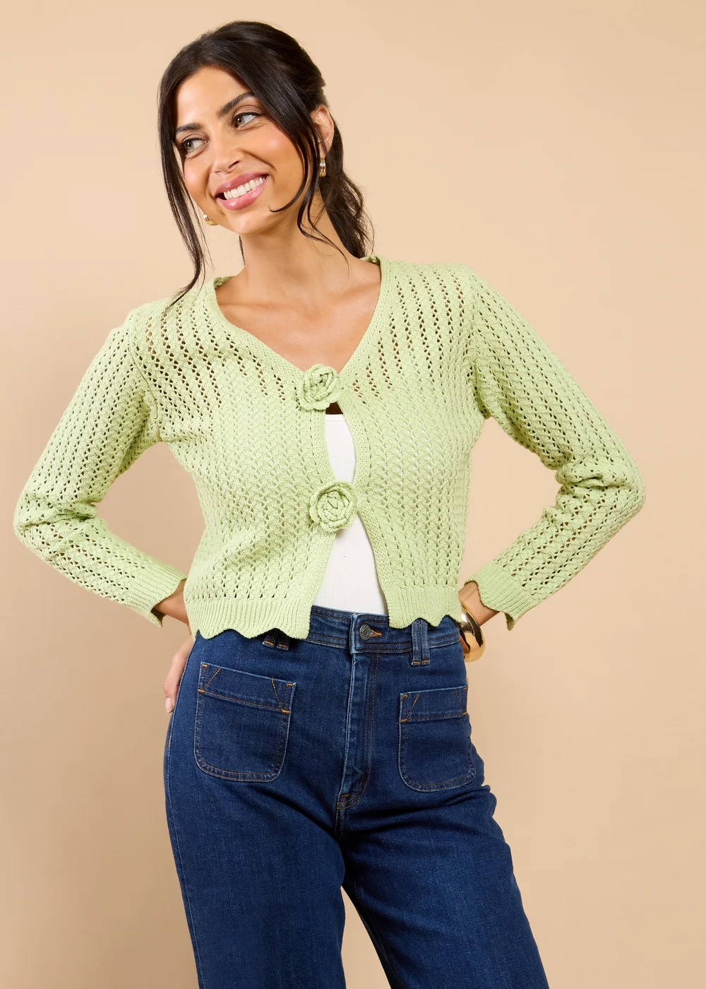 Little Mistress Sage Crochet Rosette Detail Cardigan - S Image 1