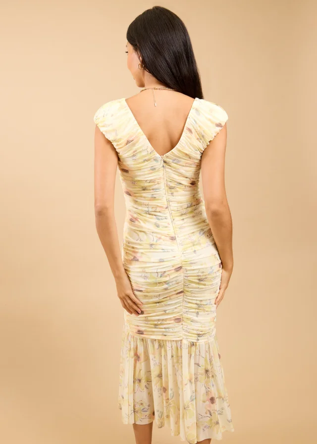 Little Mistress Yellow Floral Print Ruched Midaxi Dress