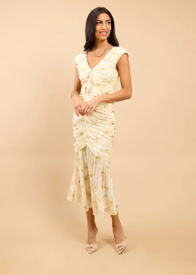 Little Mistress Yellow Floral Print Ruched Midaxi Dress