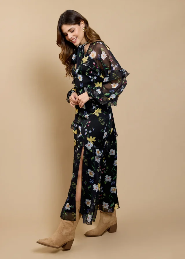 Little Mistress Black Floral Print Frill Midaxi Dress
