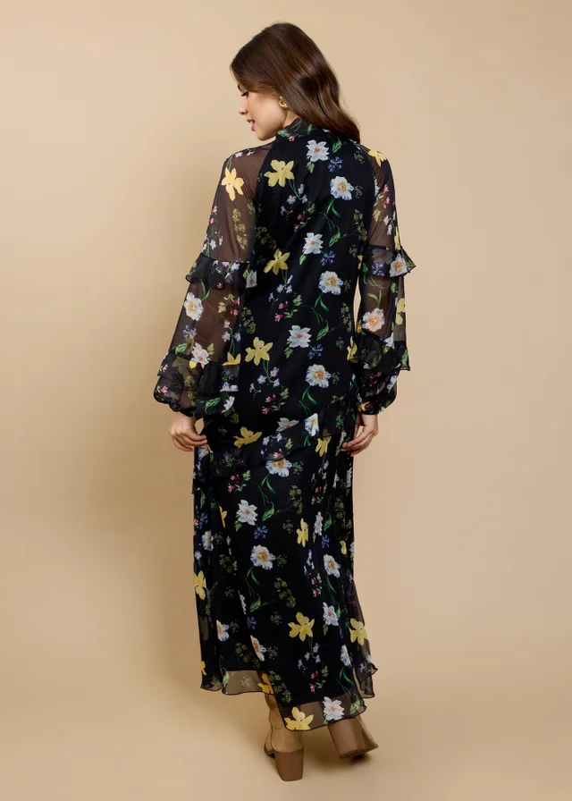 Little Mistress Black Floral Print Frill Midaxi Dress