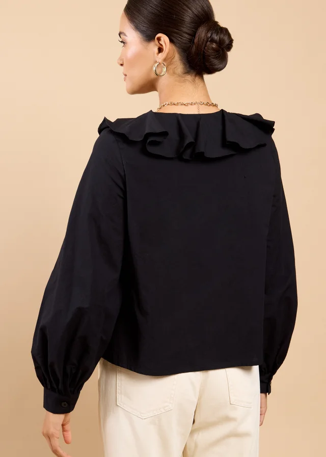 Little Mistress Black Embroidered Frill Top