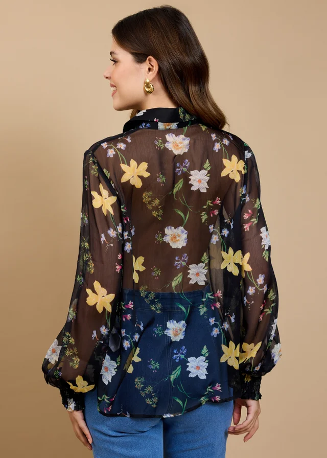 Little Mistress Black Floral Print Chiffon Shirt