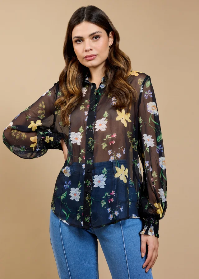 Little Mistress Black Floral Print Chiffon Shirt