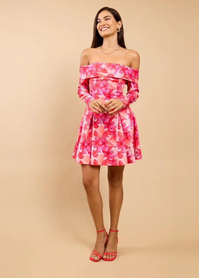 Little Mistress Pink Floral Print Bardot Mini Dress