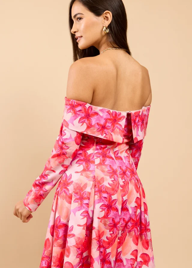 Little Mistress Pink Floral Print Bardot Mini Dress