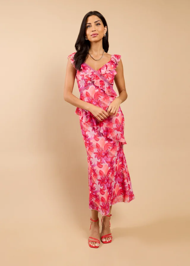 Little Mistress Pink Floral Print Ruffle Midaxi Dress