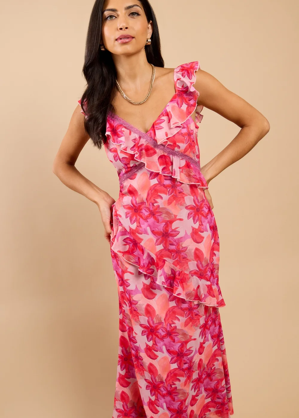 Little Mistress Pink Floral Print Ruffle Midaxi Dress - 14 Image 4