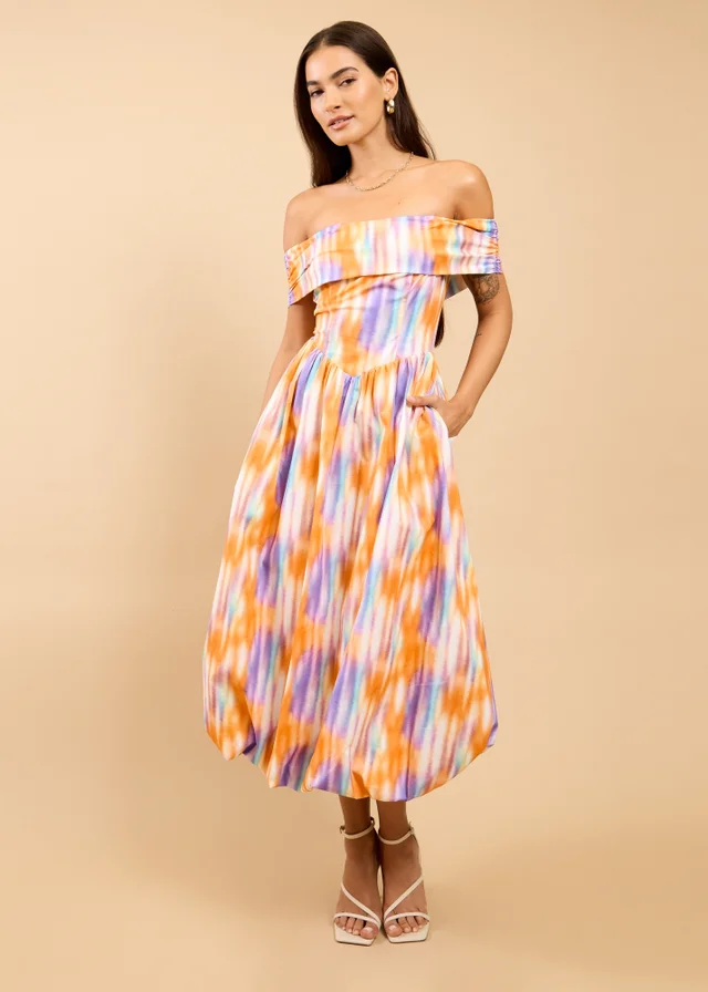 Little Mistress Blur Print Bardot Midaxi Dress
