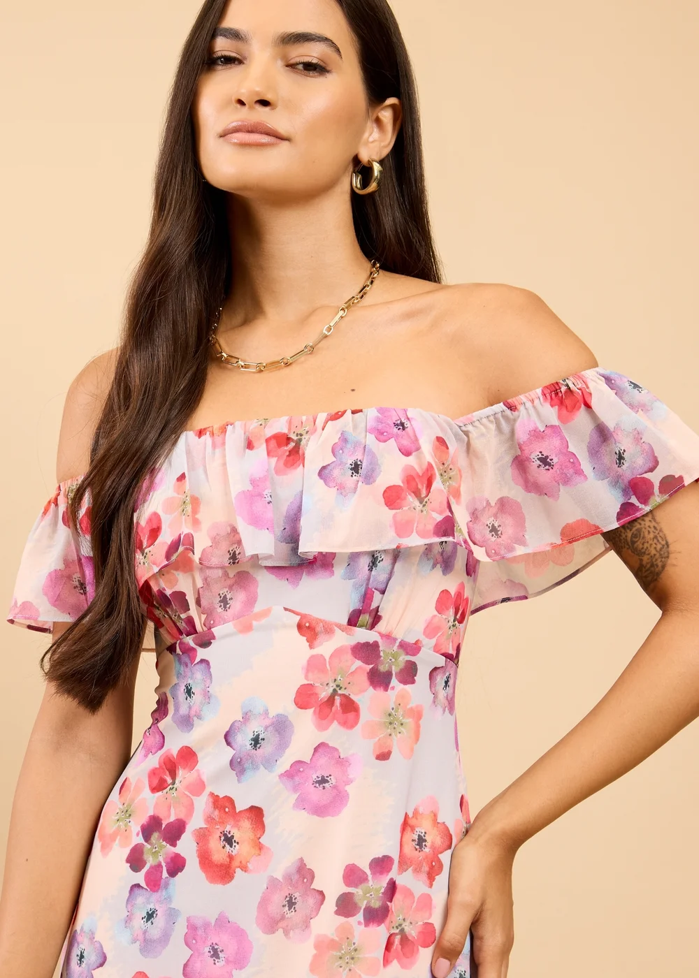 Little Mistress Floral Print Ruffle Bardot Midaxi Dress - 12 Image 3