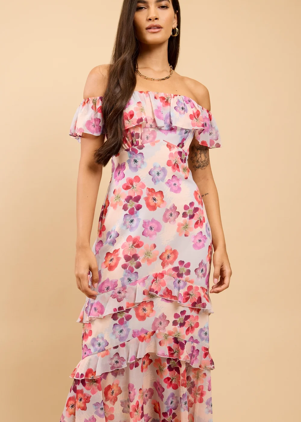 Little Mistress Floral Print Ruffle Bardot Midaxi Dress - 12 Image 4