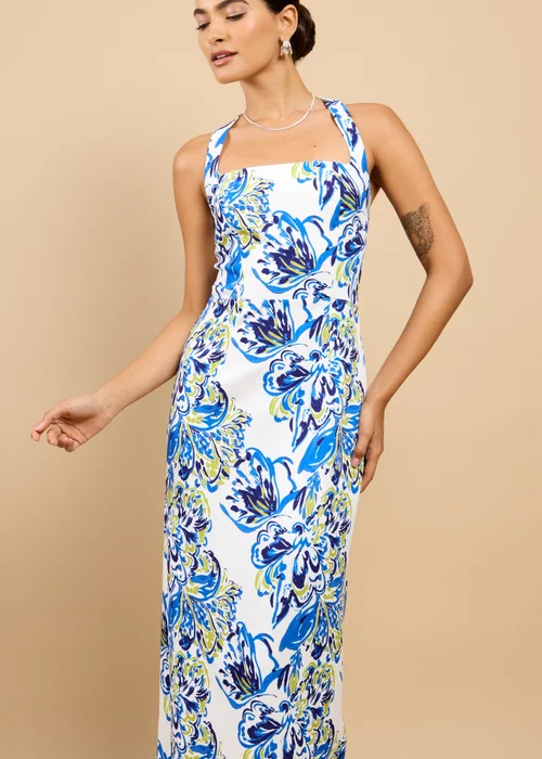 Little Mistress Blue Floral Print Halterneck Midaxi Dress - 16 Image 4