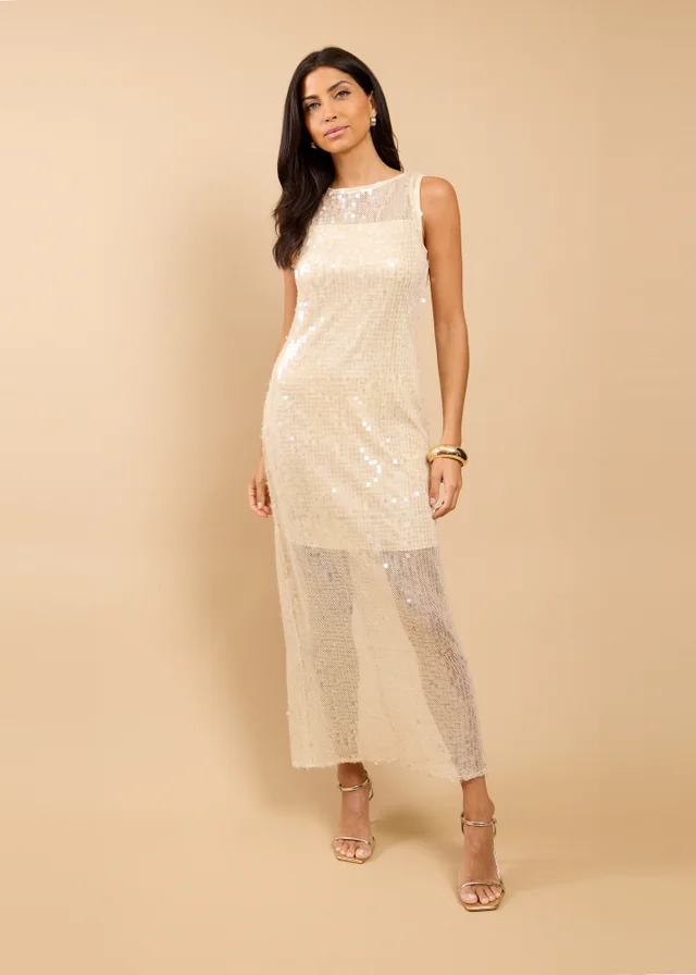Little Mistress Champagne Sequin Maxi Dress