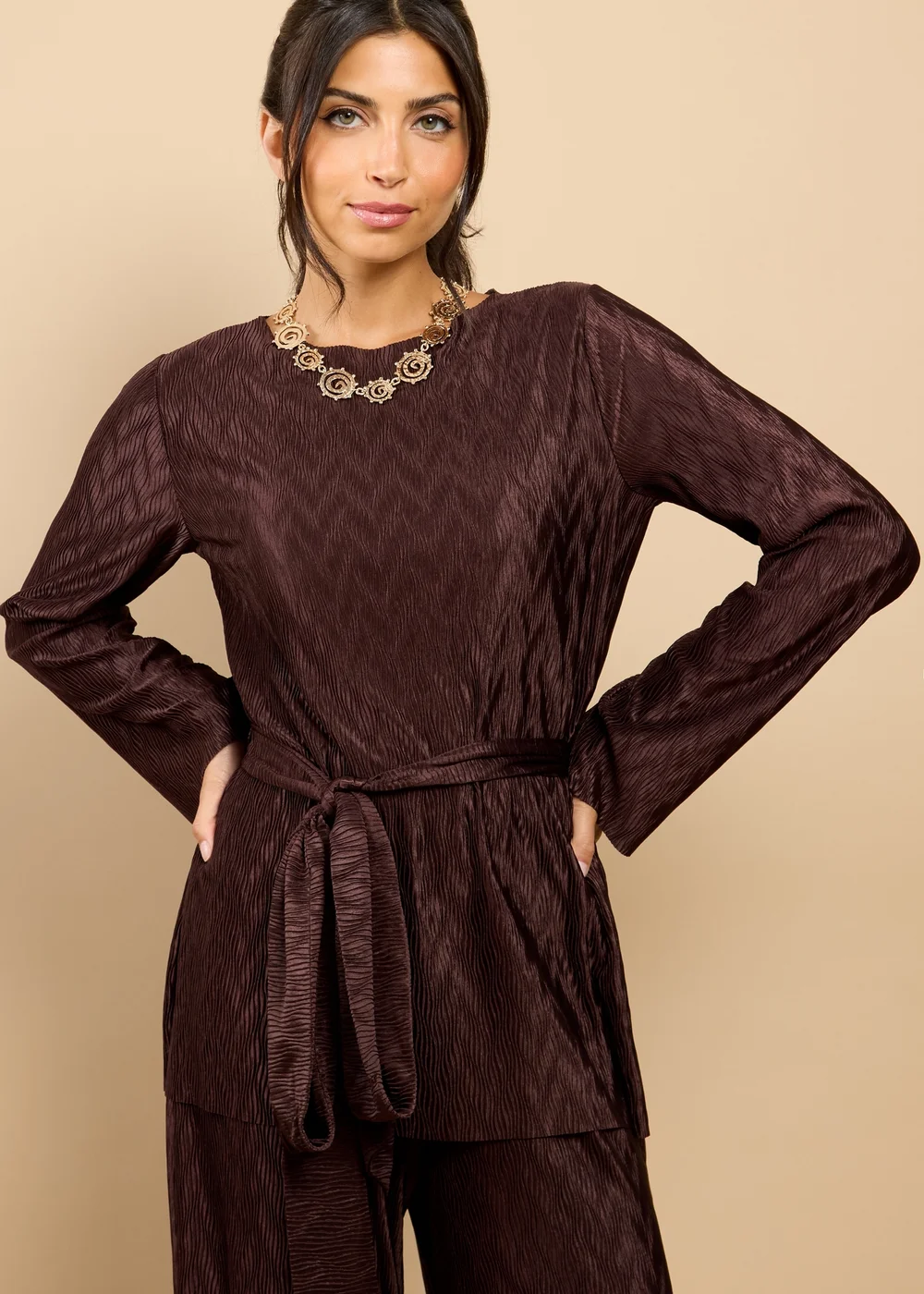 Little Mistress Brown Plisse Longline Top Vicky Pattison EDIT - S Image 4