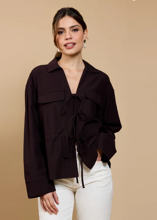 Little Mistress Brown Tie Detail Blouse - L Image 1
