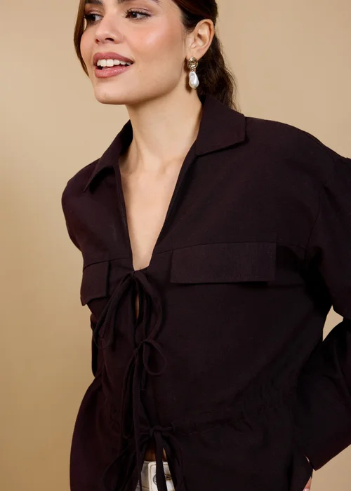 Little Mistress Brown Tie Detail Blouse - L Image 3