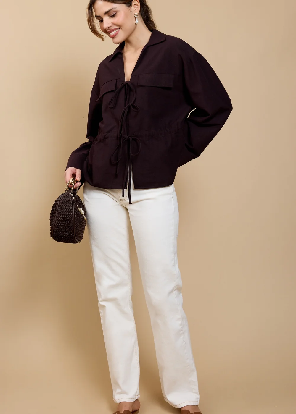 Little Mistress Brown Tie Detail Blouse - L Image 4
