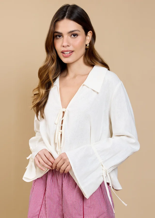 Little Mistress Cream Tie Detail Blouse