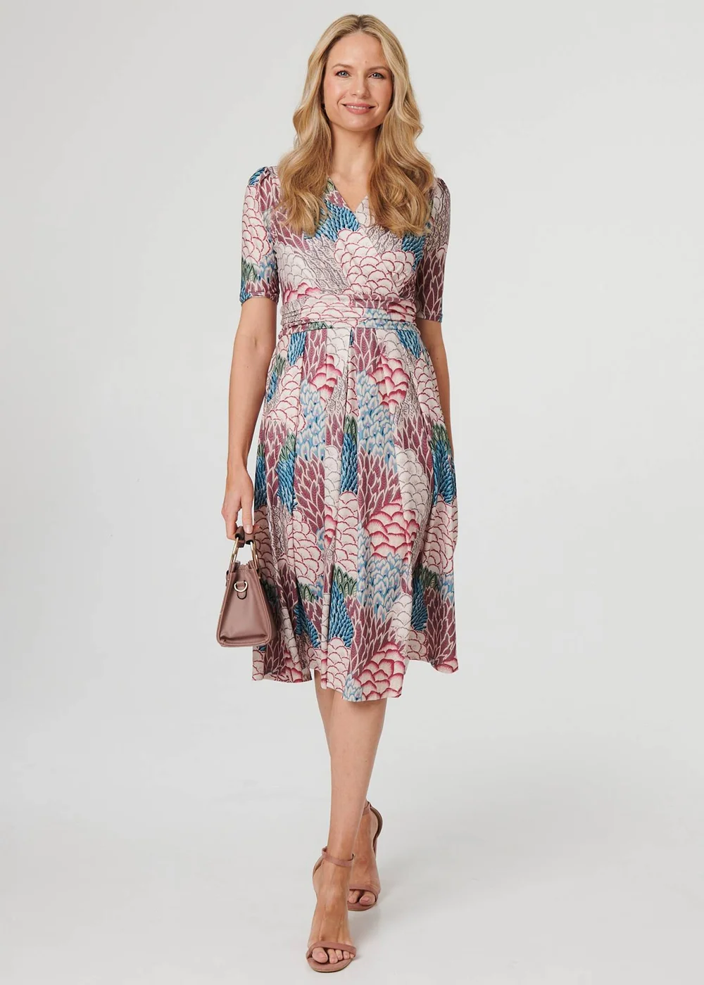 Izabel London Beige Printed 1/2 Sleeve Pleated Midi Dress - 8 Image 1