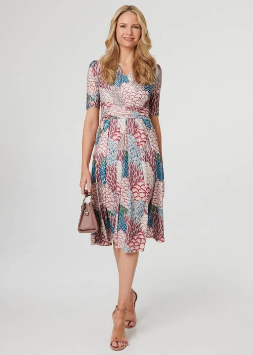 Izabel London Beige Printed 1/2 Sleeve Pleated Midi Dress - 8 Image 1