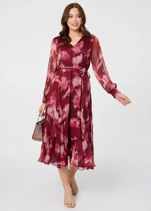 Izabel London Burgundy Abstract Floral Semi Sheer Midi Dress - 16 Image 1