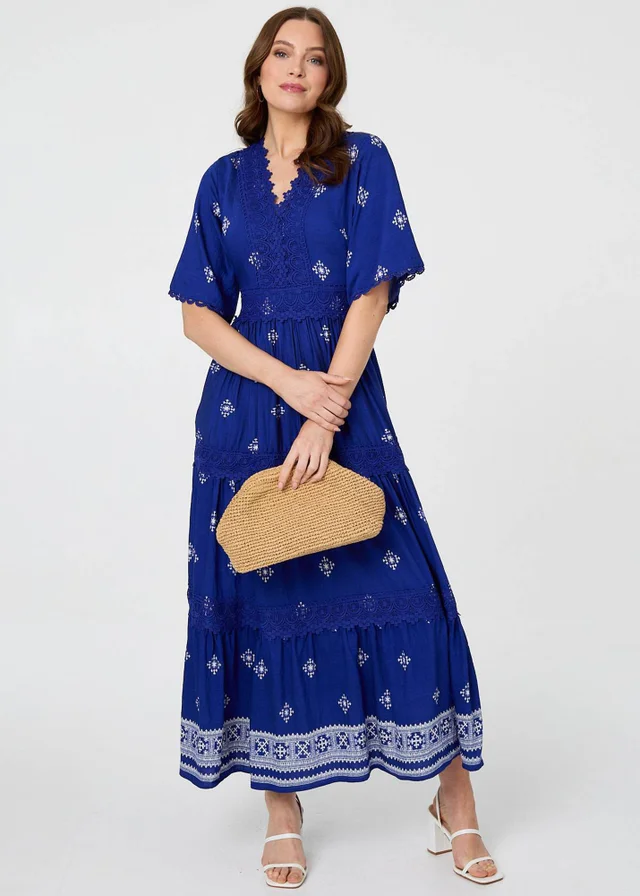 Izabel London Blue Border Print 1/2 Sleeve Maxi Dress