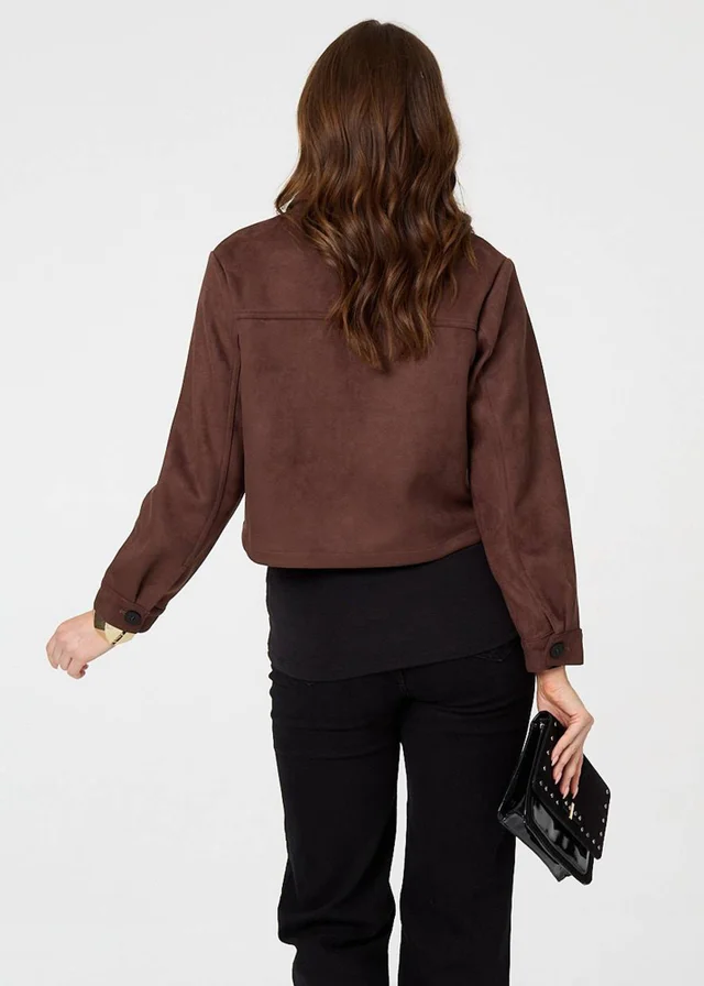 Izabel London Brown Faux Suede Cropped Boxy Jacket
