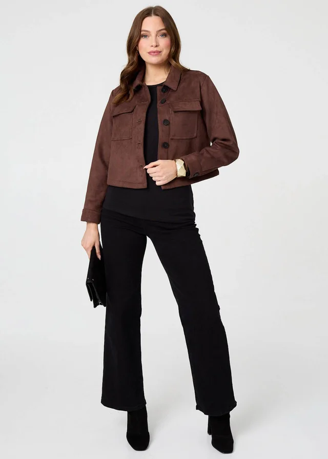 Izabel London Brown Faux Suede Cropped Boxy Jacket