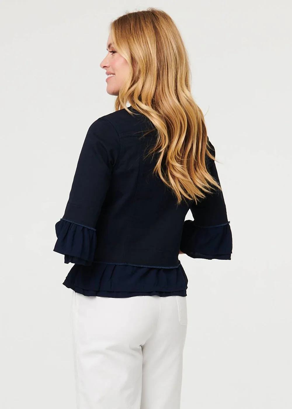 Izabel London Navy Frilled Hem 3/4 Flare Sleeve Shirt - 14 Image 2