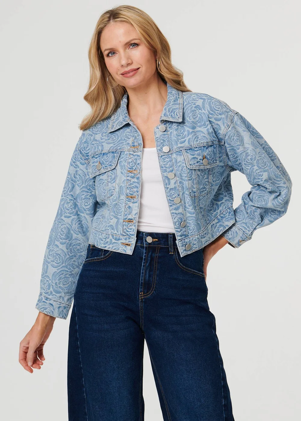 Izabel London Blue Floral Print Cropped Denim Jacket - 12 Image 4