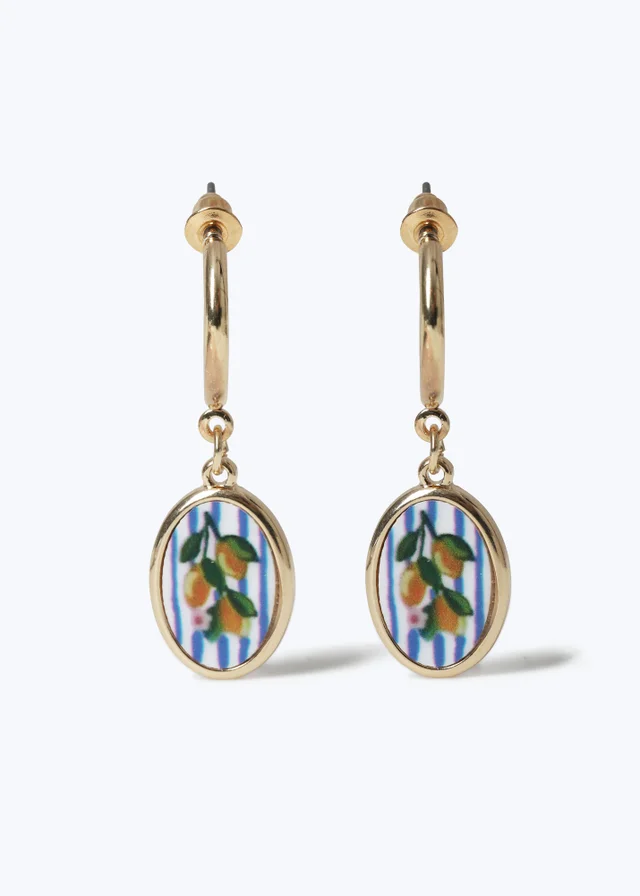 Muse Gold Blue Stripe & Lemons Drop Earrings