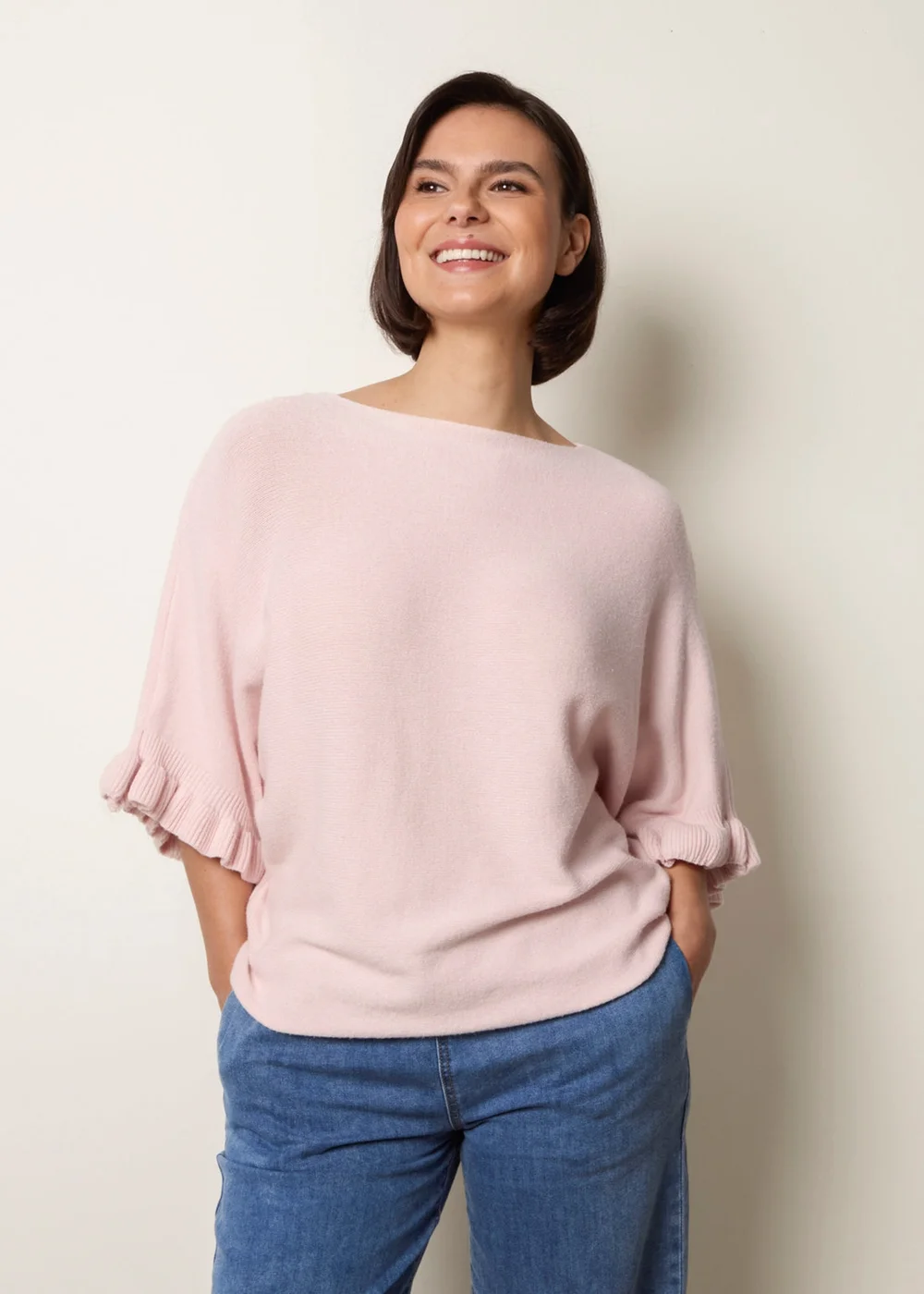 Blue Vanilla Pink Knitted Frill Sleeve Batwing Jumper - One Size Image 1