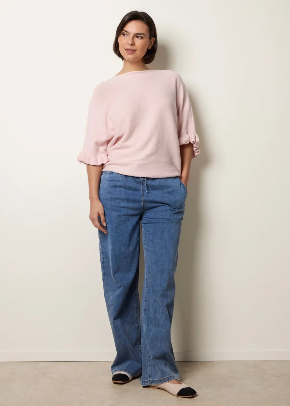Blue Vanilla Pink Knitted Frill Sleeve Batwing Jumper - One Size Image 2