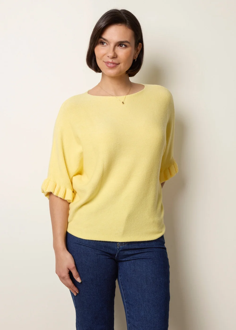 Blue Vanilla Yellow Knitted Frill Sleeve Batwing Jumper - One Size Image 1