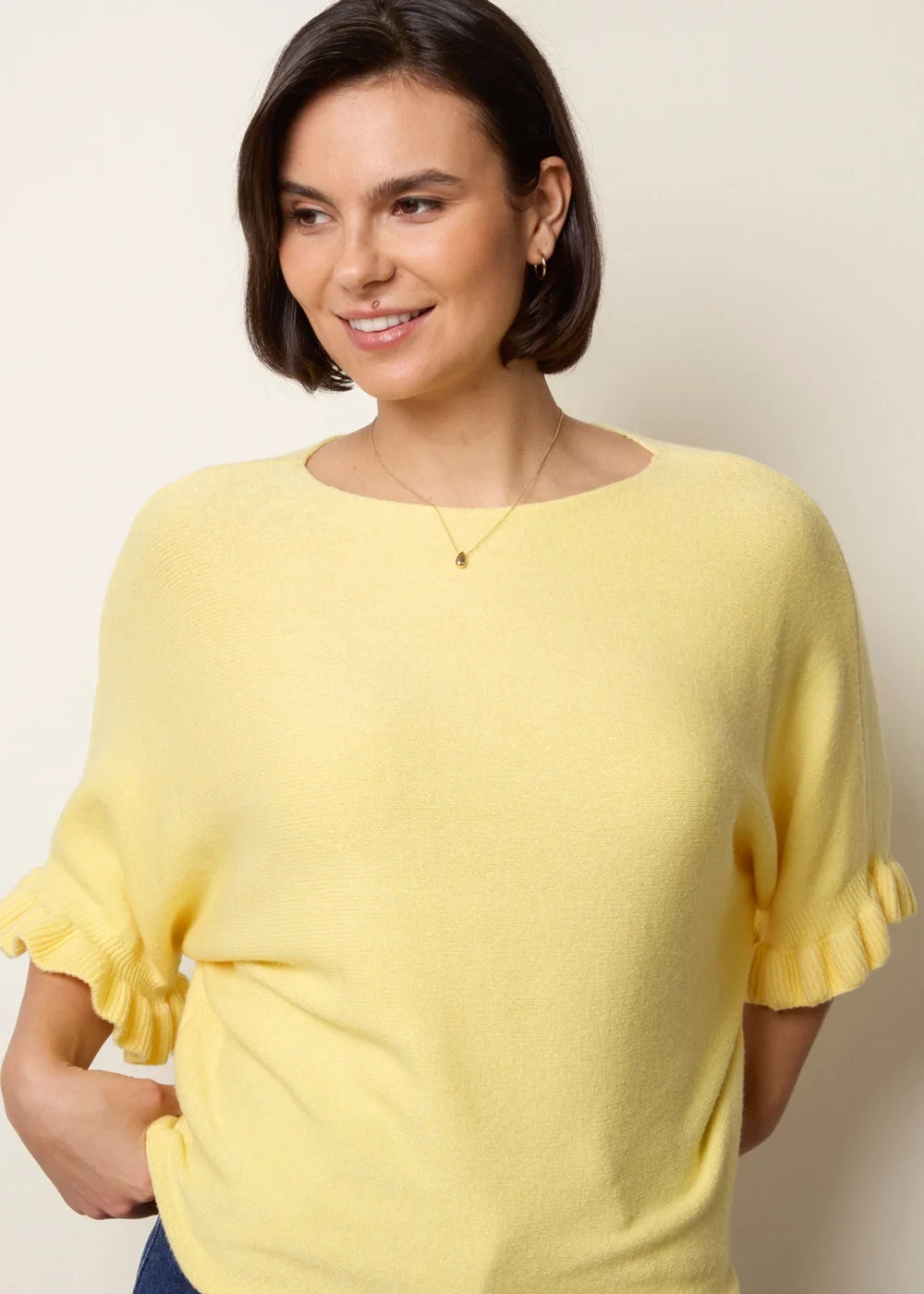 Blue Vanilla Yellow Knitted Frill Sleeve Batwing Jumper - One Size Image 2